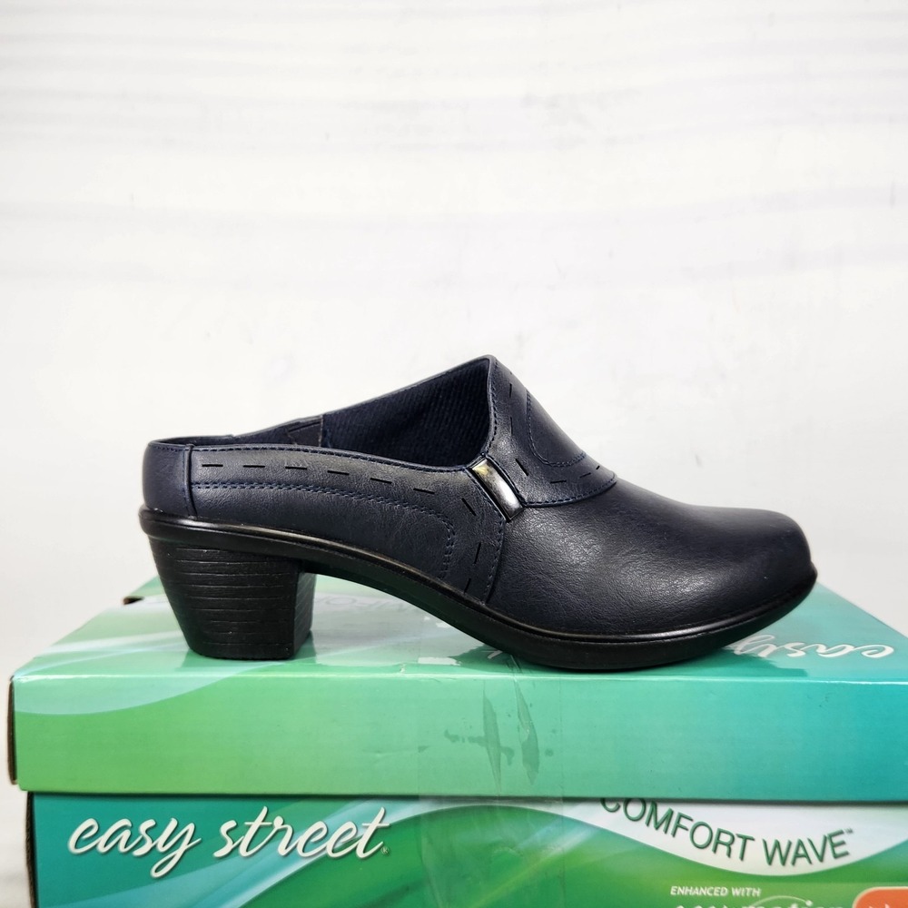 Easy Street Cynthia Mules Women Size 6 Navy Blue Comfort Wave Slip On Clogs
